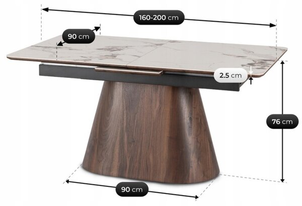 Stół Rozkładany Prostokątny LIZBONA 160-200 cm Ceramiczny Biały Marmur/Orzech do Jadalni Nowoczesny