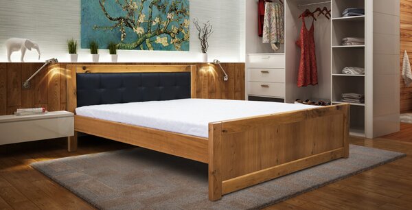 Drewniane łóżko dębowe LEONI 180 × 200 cm jeden panel w skórze naturalnej