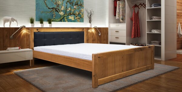 Drewniane łóżko LEONI 160×200 cm dębowe jeden panel w tkaninie w stylu loftowym