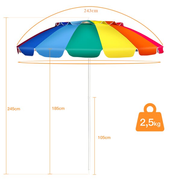 Parasol plażowy regulowany z ochroną UPF 50+ 2,2 x 2,45 m
