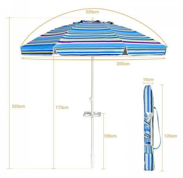 Parasol plażowy regulowany z uchwytem i ochroną UPF 50+ 2,2 x 2m