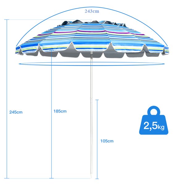 Parasol plażowy regulowany z ochroną UPF 50+ 2,2 x 2,45 m