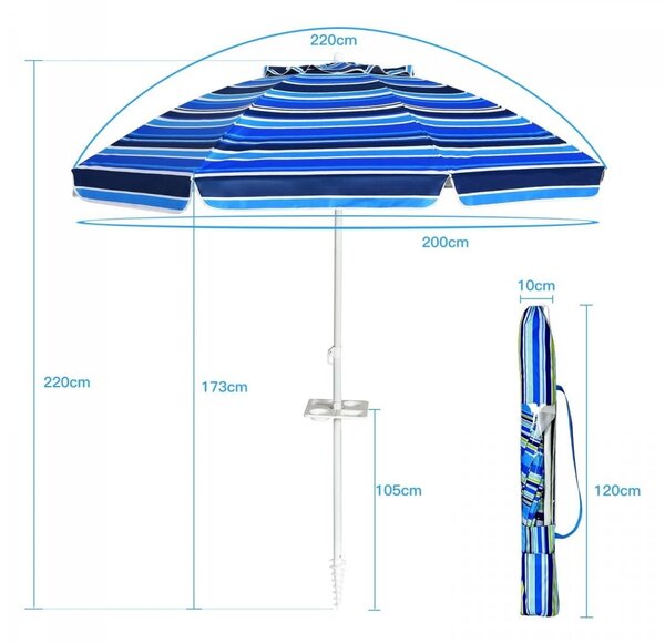 Parasol plażowy regulowany z uchwytem i ochroną UPF 50+ 2,2 x 2m