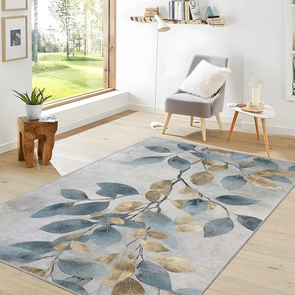 Chodnik w jasnoniebiesko-złotym kolorze odpowiedni do prania 80x200 cm Golden Leaves – Mila Home
