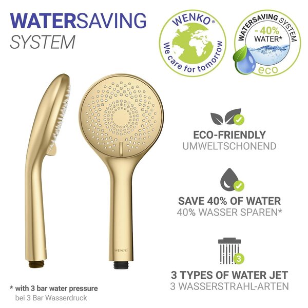 Plastikowa słuchawka prysznicowa z funkcją oszczędzania wody w kolorze matowego złota ø 11 cm Watersaving System – Wenko