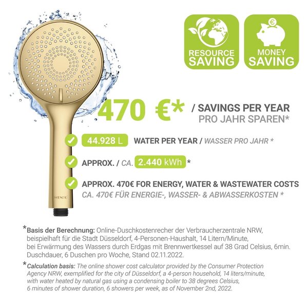 Plastikowa słuchawka prysznicowa z funkcją oszczędzania wody w kolorze matowego złota ø 11 cm Watersaving System – Wenko