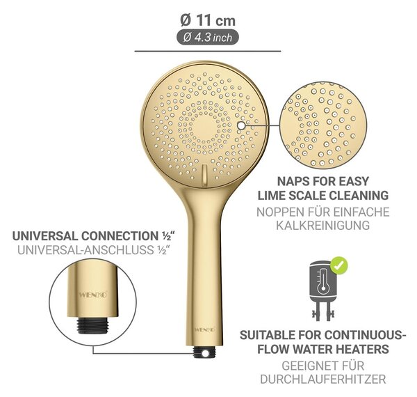 Plastikowa słuchawka prysznicowa z funkcją oszczędzania wody w kolorze matowego złota ø 11 cm Watersaving System – Wenko