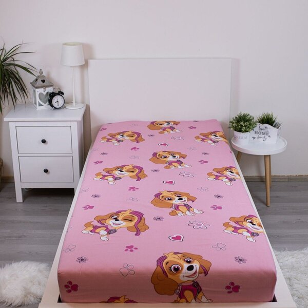 Różowe bawełniane prześcieradło dziecięce jednoosobowe z gumką 90x200 cm Paw Patrol – Jerry Fabrics