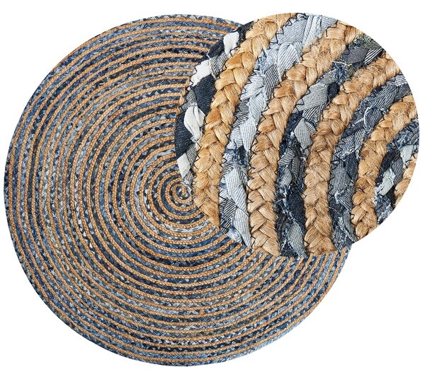 Okrągły dywan ręcznie wykonany boho niebiesko-beżowy bawełna juta Leventler Beliani