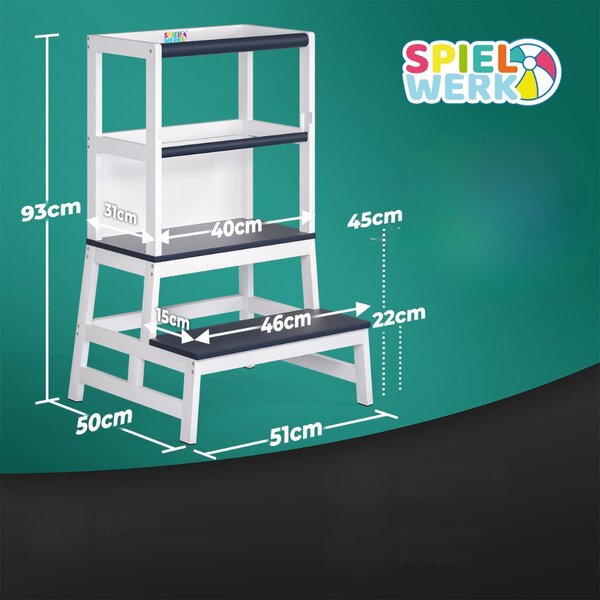 Wieża edukacyjna PLAY z drewna sosnowego, 93x51x50cm, biała/antracyt Spielwerk