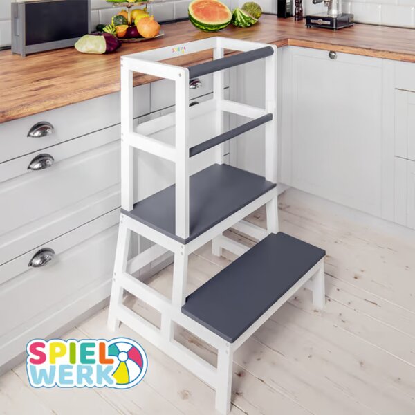Wieża edukacyjna PLAY z drewna sosnowego, 93x51x50cm, biała/antracyt Spielwerk