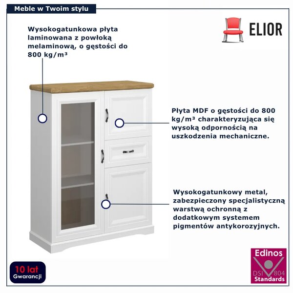 Niska witryna do salonu, jadalni biały + dąb harbor E2-R89