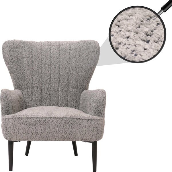 Fotel wypoczynkowy HWC-K37, fotel koktajlowy/fotel uszny, obity tkaniną chenille (500g/m²), kolor: szary, styl retro/vintage