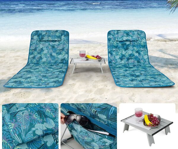Zestaw leżak plażowy 2 szt maty plażowe ze stołem