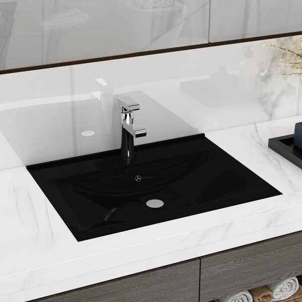 Umywalka prostokątna z otworem na kran, czarna, 60 x 46 cm