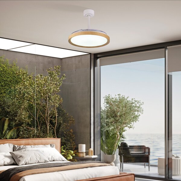 Wentylator sufitowy LED Mistral, wykończenie drewniane, DC, cichy, CCT – Mantra Mantra Iluminación, Mistral, ściemnialny, drewniany, salon, tworzywo sztuczne, nowoczesny