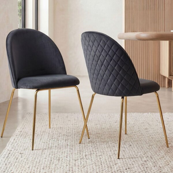 FineBuy Design – zestaw 2 krzese do jadalni z czarnego aksamitu z pikowaniem, nowoczesne krzesa kuchenne, krzesa do jadalni ze zotymi nogami, wygodne krzesa kuchenne z tapicerk