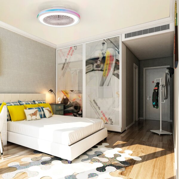 Wentylator sufitowy LED dla graczy, biały, zasilany prądem stałym, cichy, CCT Mantra Iluminación, Gamer, ściemnialny, biały, salon, tworzywo sztuczne, nowoczesny