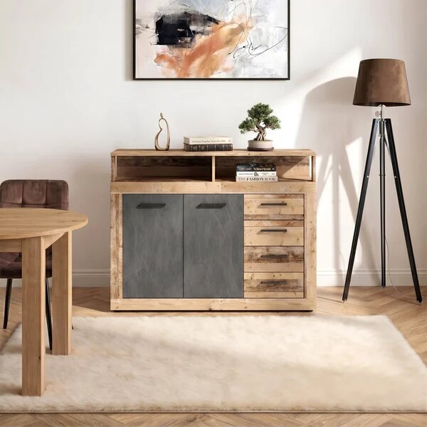 Komoda Dwudrzwiowa z Szufladami BLAGO MIDI A 119,6 cm Surowy Dąb/Czarny Loft