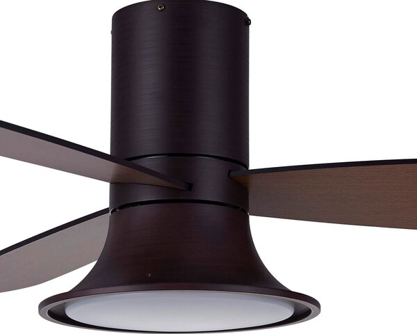 Wentylator sufitowy Flusso z oświetleniem, w kolorze brązowym, cichy, model Beacon Lighting, Flusso, ściemnialny, antyczny mosiądz, salon, drewno, nowoczesny
