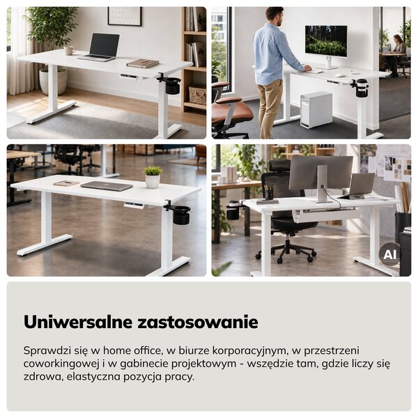 Biurko elektryczne z regulacją wysokości ergonomiczne białe,1400x700 mm: ARIA