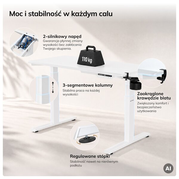 Biurko elektryczne z regulacją wysokości ergonomiczne białe,1200x600 mm: ARIA