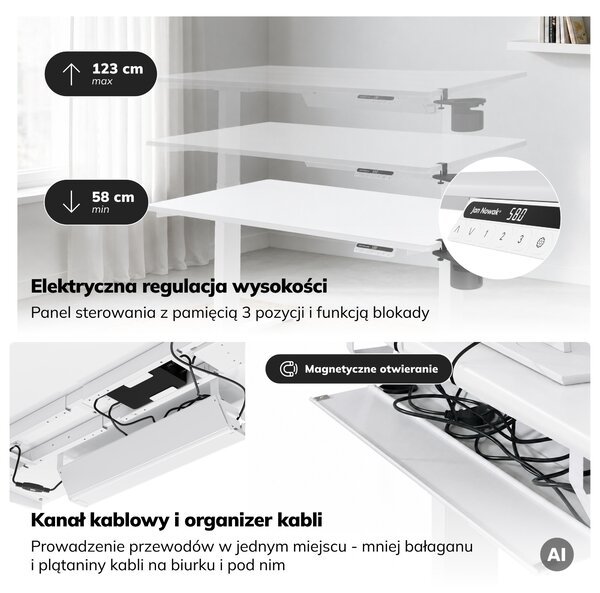Biurko elektryczne z regulacją wysokości ergonomiczne białe,1200x600 mm: ARIA