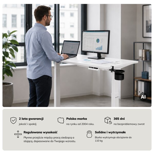 Biurko elektryczne z regulacją wysokości ergonomiczne białe,1200x600 mm: ARIA