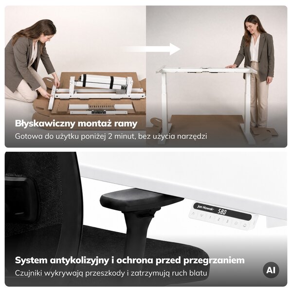 Biurko elektryczne z regulacją wysokości ergonomiczne białe,1400x700 mm: ARIA