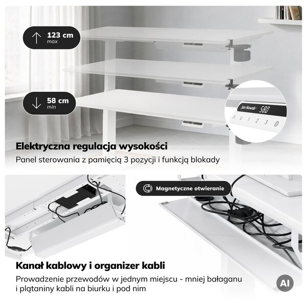 Biurko elektryczne z regulacją wysokości ergonomiczne białe,1400x700 mm: ARIA