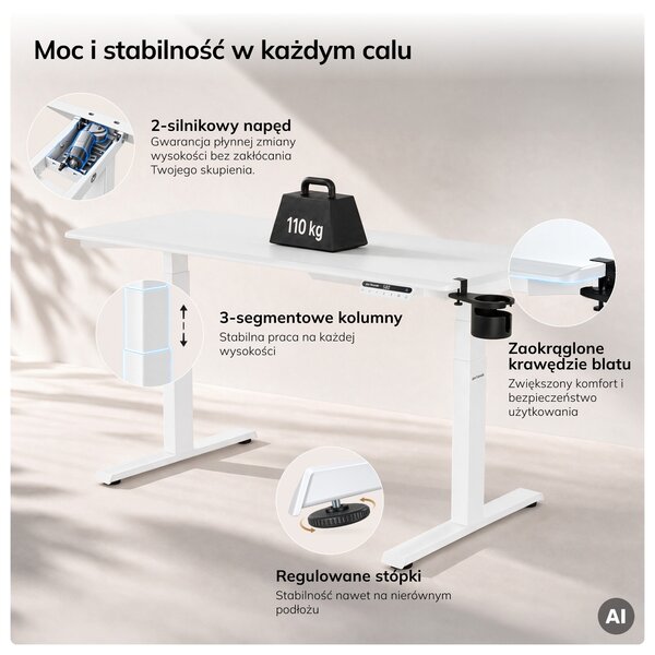 Biurko elektryczne z regulacją wysokości ergonomiczne białe,1400x700 mm: ARIA