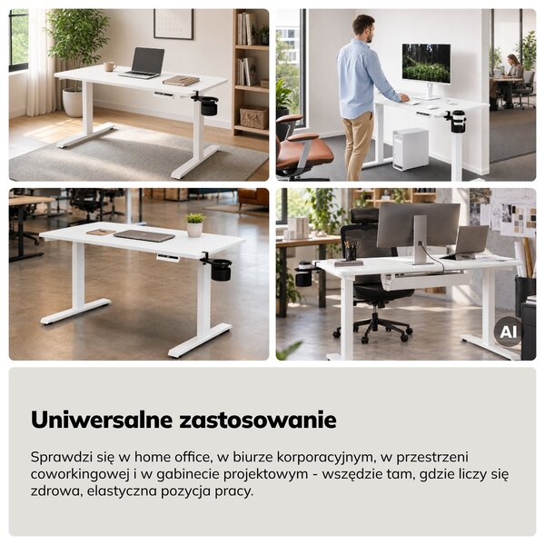 Biurko elektryczne z regulacją wysokości ergonomiczne białe,1200x600 mm: ARIA