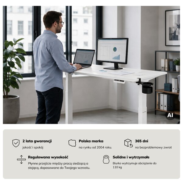 Biurko elektryczne z regulacją wysokości ergonomiczne białe,1400x700 mm: ARIA