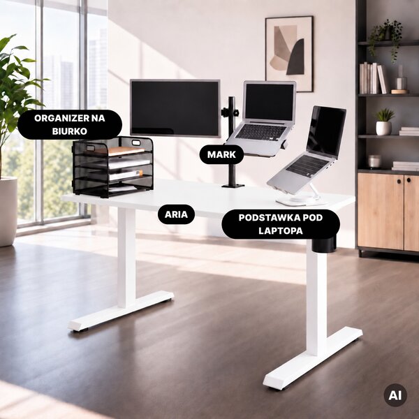 Biurko elektryczne z regulacją wysokości ergonomiczne białe,1200x600 mm: ARIA