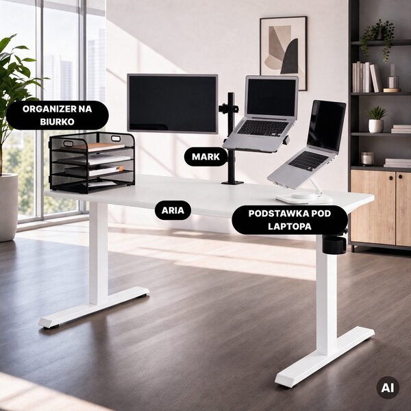 Biurko elektryczne z regulacją wysokości ergonomiczne białe,1400x700 mm: ARIA