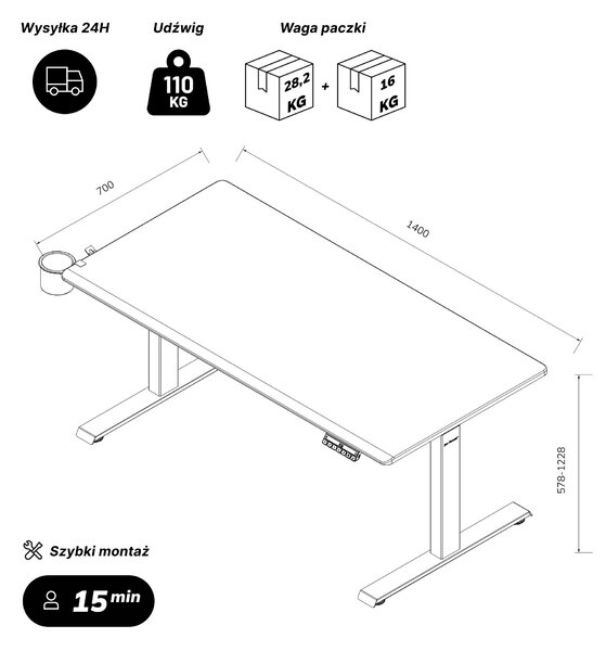 Biurko elektryczne z regulacją wysokości ergonomiczne białe,1400x700 mm: ARIA