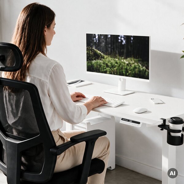 Biurko elektryczne z regulacją wysokości ergonomiczne białe,1400x700 mm: ARIA