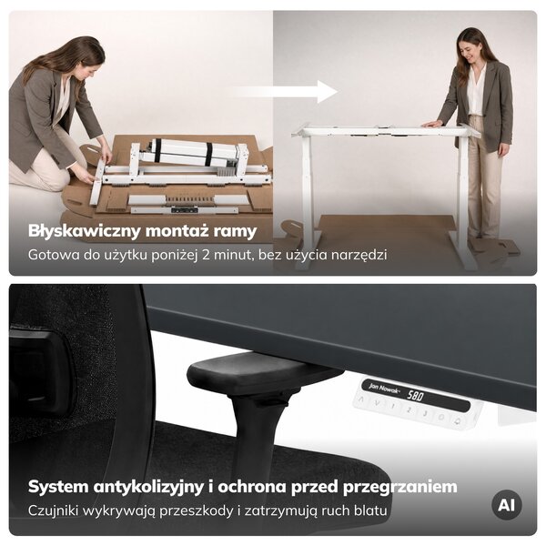 Biurko elektryczne z regulacją wysokości ergonomiczne biało-antracytowe,1400x700 mm: ARIA