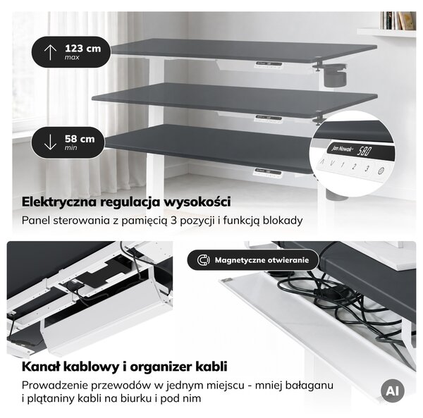Biurko elektryczne z regulacją wysokości ergonomiczne biało-antracytowe,1400x700 mm: ARIA