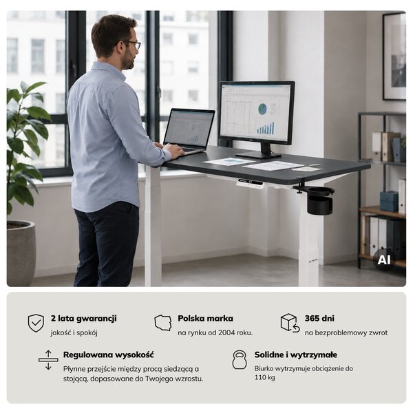 Biurko elektryczne z regulacją wysokości ergonomiczne biało-antracytowe,1200x600 mm: ARIA