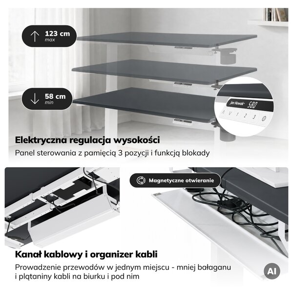 Biurko elektryczne z regulacją wysokości ergonomiczne biało-antracytowe,1200x600 mm: ARIA