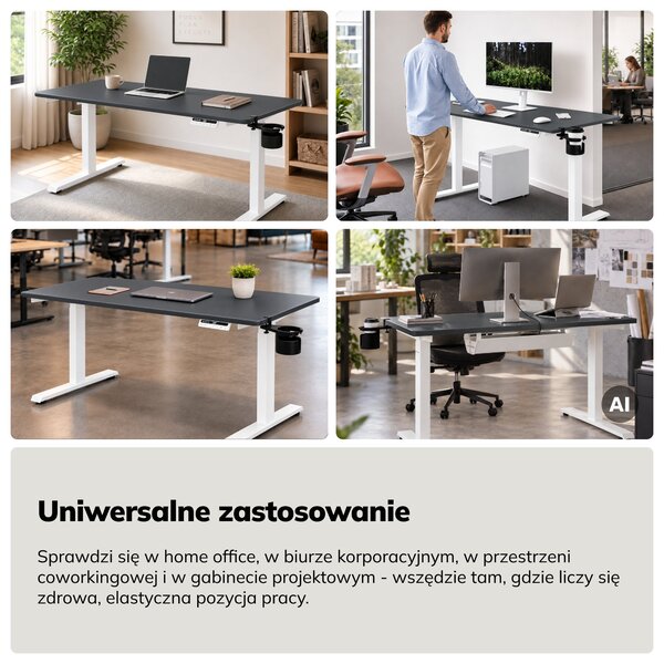 Biurko elektryczne z regulacją wysokości ergonomiczne biało-antracytowe,1400x700 mm: ARIA