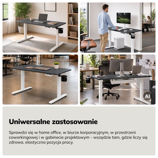 Biurko elektryczne z regulacją wysokości ergonomiczne biało-antracytowe,1200x600 mm: ARIA