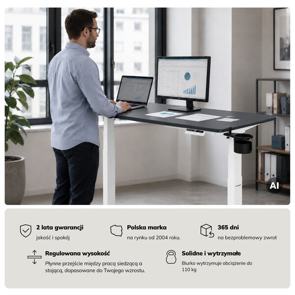 Biurko elektryczne z regulacją wysokości ergonomiczne biało-antracytowe,1400x700 mm: ARIA