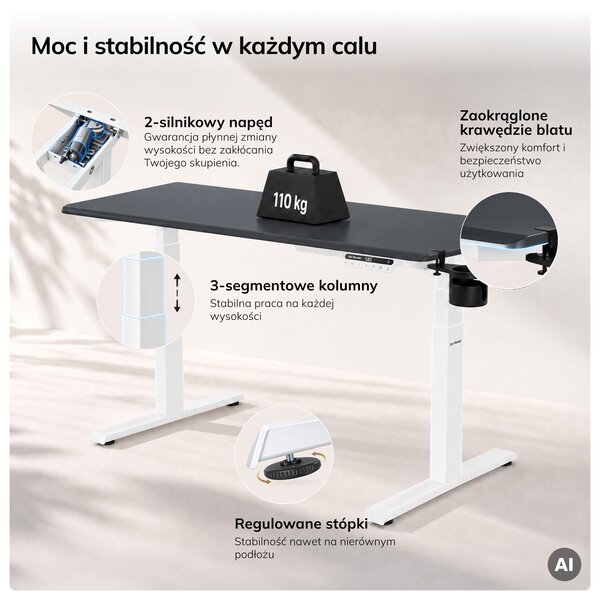 Biurko elektryczne z regulacją wysokości ergonomiczne biało-antracytowe,1400x700 mm: ARIA