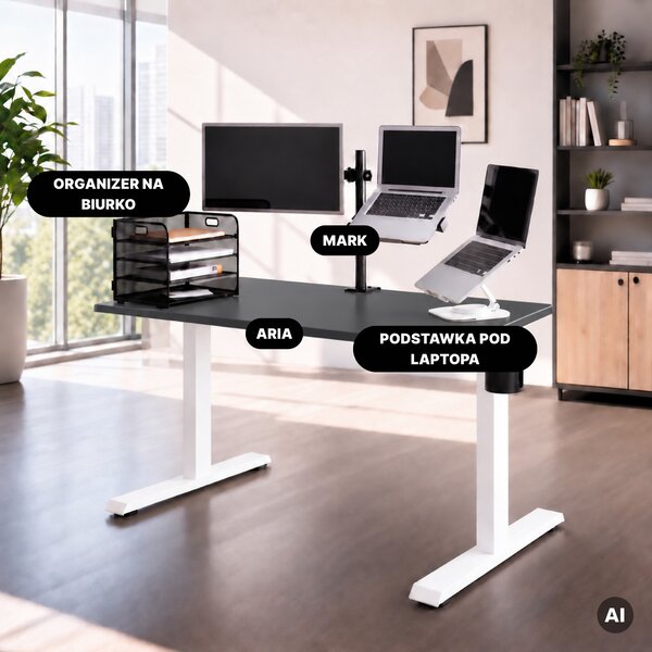 Biurko elektryczne z regulacją wysokości ergonomiczne biało-antracytowe,1400x700 mm: ARIA