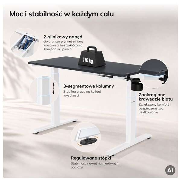 Biurko elektryczne z regulacją wysokości ergonomiczne biało-antracytowe,1200x600 mm: ARIA