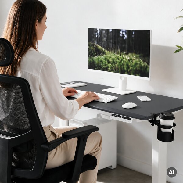 Biurko elektryczne z regulacją wysokości ergonomiczne biało-antracytowe,1200x600 mm: ARIA