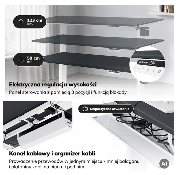 Biurko elektryczne z regulacją wysokości ergonomiczne biało-antracytowe,1600x800 mm: ARIA