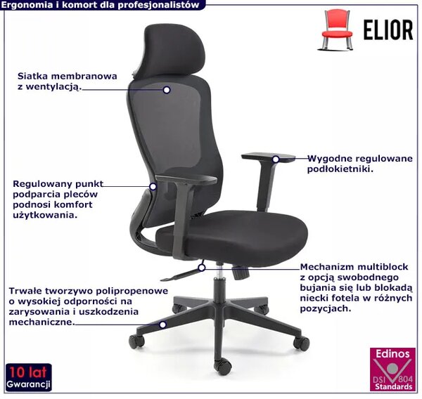 Czarny ergonomiczny obrotowy fotel z funkcją multiblock i z zagłówkiem D0-W42